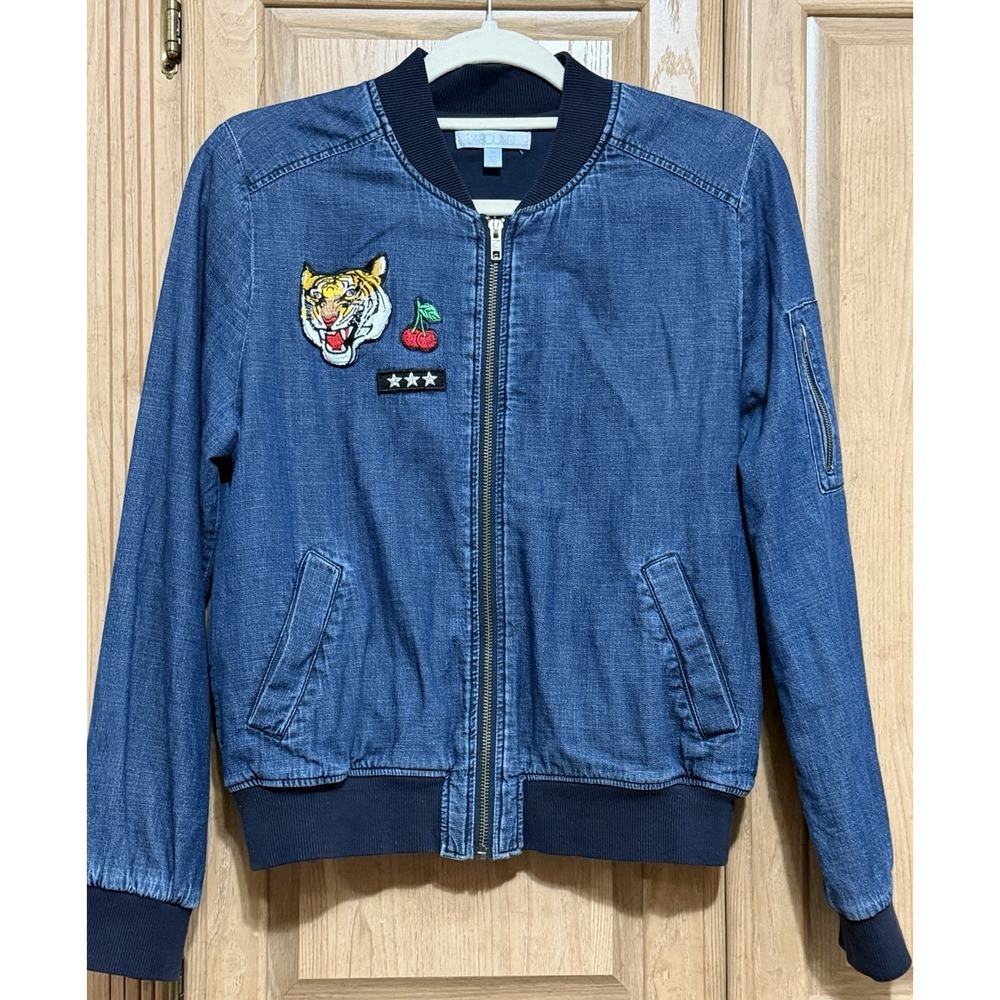 VTG ABOUND DENIM TIGER CHERRY STAR PATCHES FULL ZIP BOMBER JACKET WOMEN'S XXS